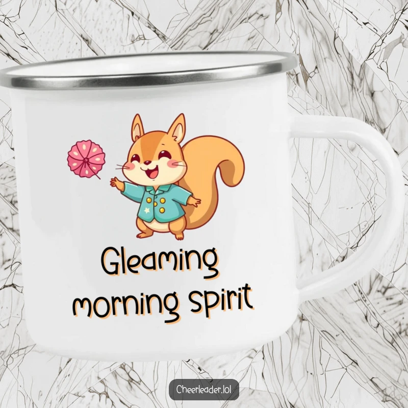 Funny squirrel cheerleader camp mug, featuring a squirrel in a sparkly uniform tossing a pom-pom with enthusiasm.