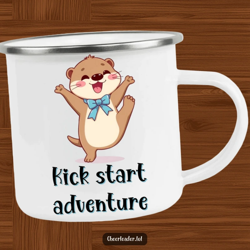 Funny camping mug with a joyful otter wearing a ribbon, performing a high kick, built for adventures and energetic moments.