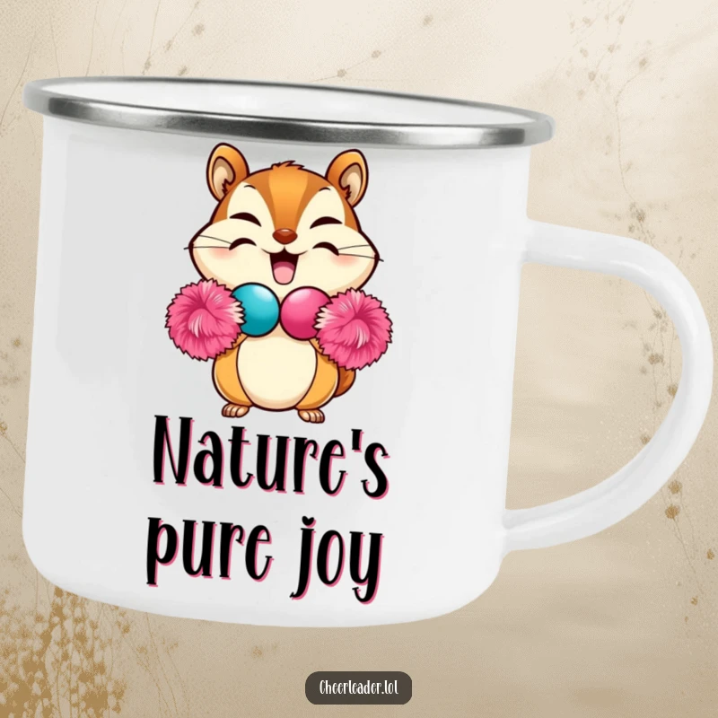 Funny Chipmunk Camping Mug featuring a beaming chipmunk forming a heart with two pom-poms, durable and cute for outdoor fun.
