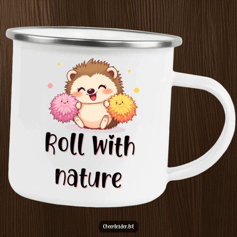 Funny Hedgehog Camping Mug showing a happy hedgehog tumbling with fluffy pom-poms, durable and cute for outdoor enjoyment.