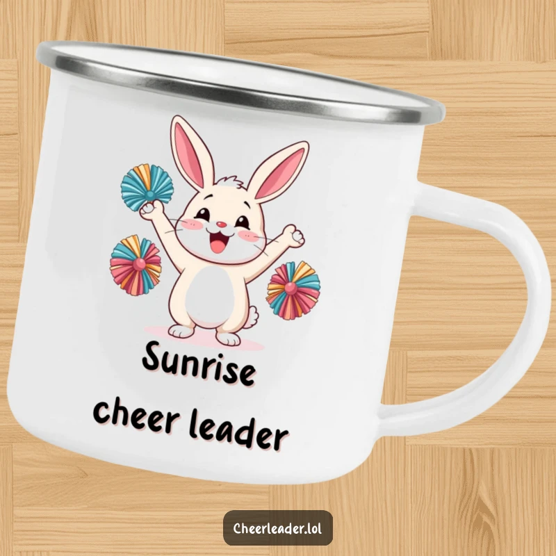 Funny happy rabbit cheering with pom-poms, holding a camping mug, outdoor humor.
