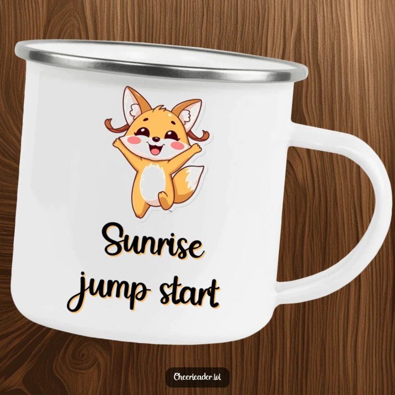 Funny fox pigtails camp mug, featuring a cheerful fox with pigtails enthusiastically jumping with a wide, happy smile.