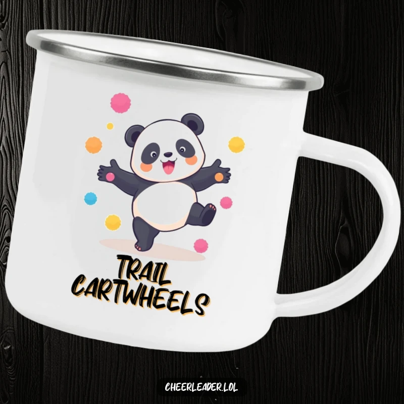 Funny Panda Cartwheel Camping Mug: A playful panda doing a cartwheel with pom-poms, perfect for outdoor cheer and humor.