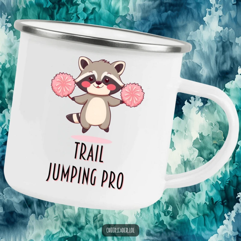 Funny camping mug illustration of a blushing raccoon jumping rope with two oversized pom-poms.