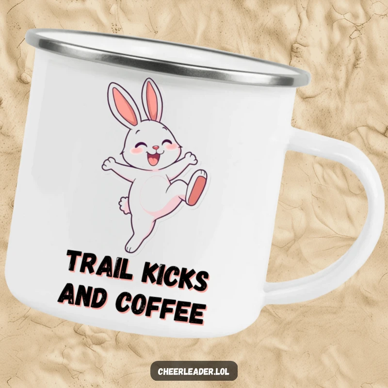 Funny, cheerful rabbit performing a high kick on a durable camping mug. Ready for any adventure.