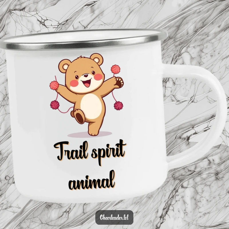 Funny camping mug featuring a happy bear doing a high kick with yarn pom-poms, perfect for outdoor enthusiasts who enjoy a spirited design.