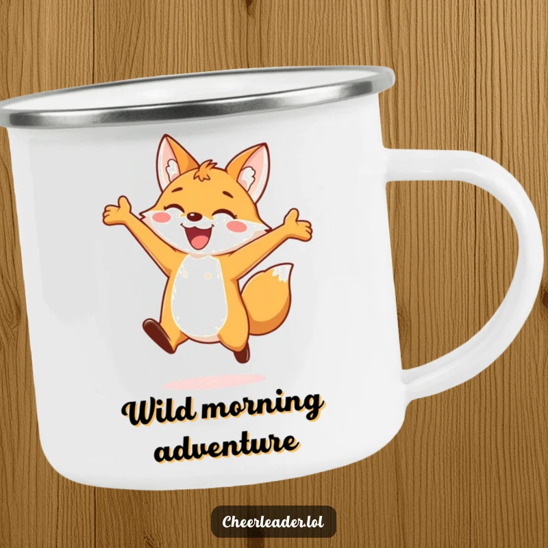 Funny camping mug showcasing a joyful fox leaping outdoors, arms outstretched, perfect for enjoying drinks during adventures with a smile.