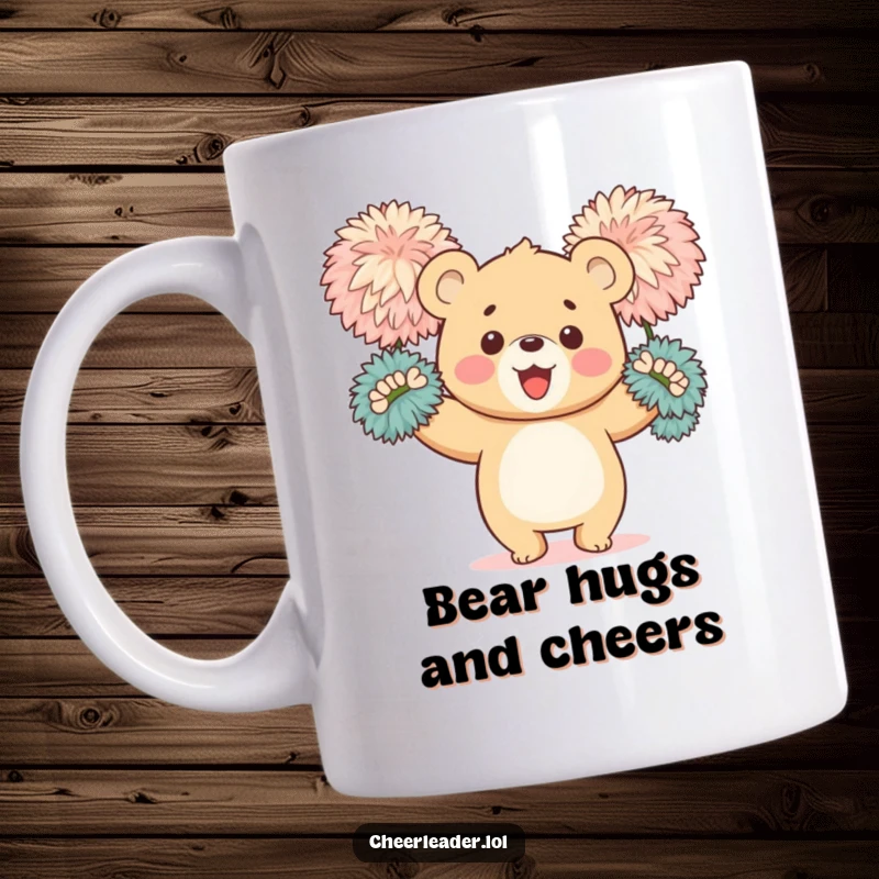 Funny mug showing a happy bear cub enthusiastically waving large, fluffy pom-poms, radiating pure, unadulterated joy and team spirit.
