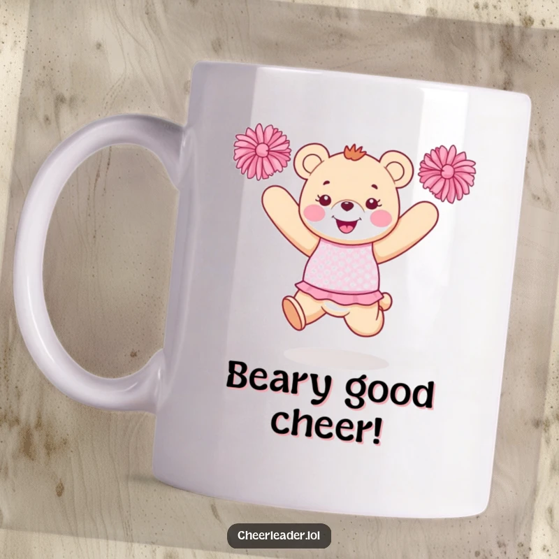 Funny bear cheerleader mug with a happy bear in a sparkly uniform jumping joyfully with pom-poms held high.