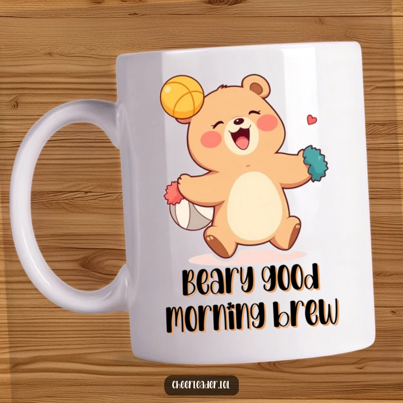 Funny mug with a giggling bear in mid-air, catching a ball with its colorful pom-poms, showcasing pure joy and athletic humor.