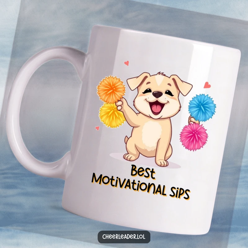 Funny mug featuring a playful puppy with pom-poms, barking encouragement with a happy expression, a delightful gift for dog enthusiasts.