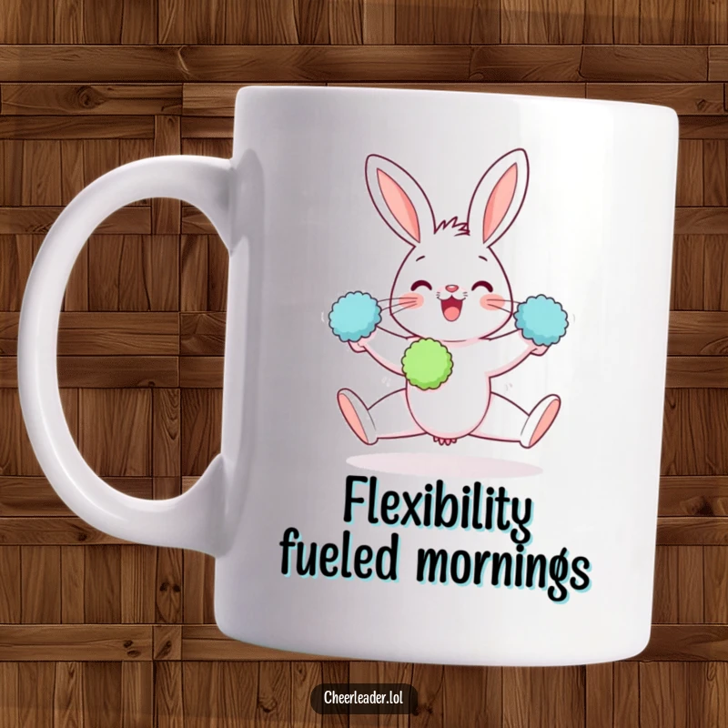 Funny mug featuring a gleeful rabbit performing a perfect split, holding pom-poms with paws, radiating happiness.