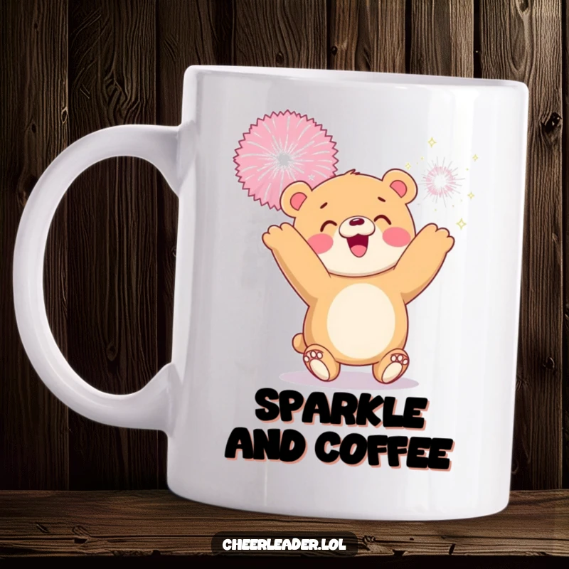 Funny mug featuring a smiling bear cub joyfully tossing a giant sparkly pom-pom high in the air.