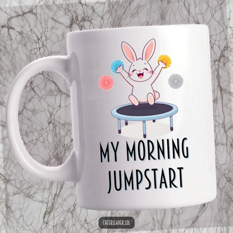 Funny bunny on trampoline, enthusiastically cheering with pom-poms, bringing joy and energy to a coffee mug.