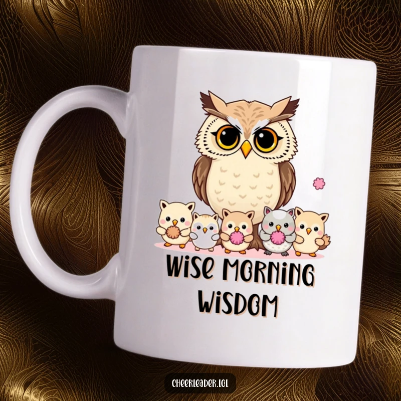 Funny determined owl leading smaller animals with pom-poms, wise expression, leadership theme mug.