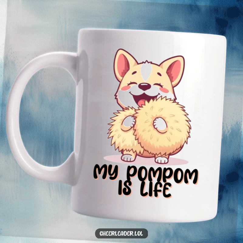 Funny dog mug showing a happy, barking dog with a huge pom-pom, radiating pure, unadulterated joy and excitement.