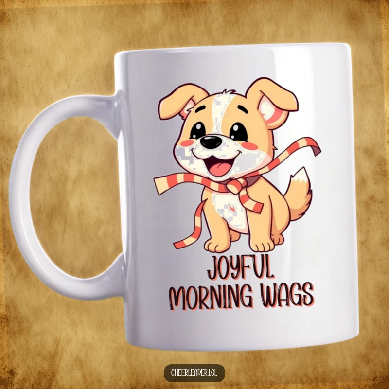 Funny Dog Mug: A smiling dog joyfully barks while vigorously shaking a long, striped ribbon, embodying pure celebration and excitement.