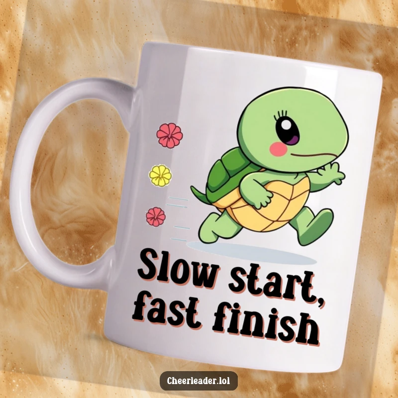 Funny mug featuring a turtle character surprisingly fast, running with colorful pom-poms trailing in its wake, a delightful funny gift.