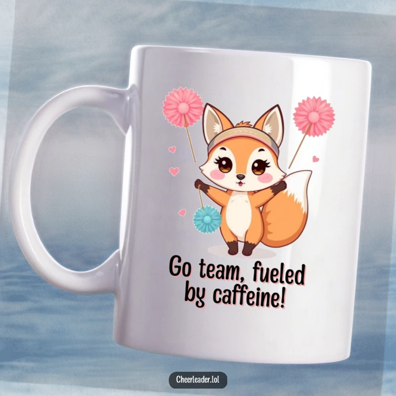 Funny fox cheerleader mug, wearing a headband, enthusiastically waving fluffy pom-poms with a joyful expression.
