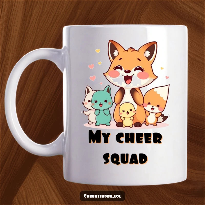 Funny mug featuring a happy fox leading a squad of small animals in an energetic cheer, embodying teamwork.