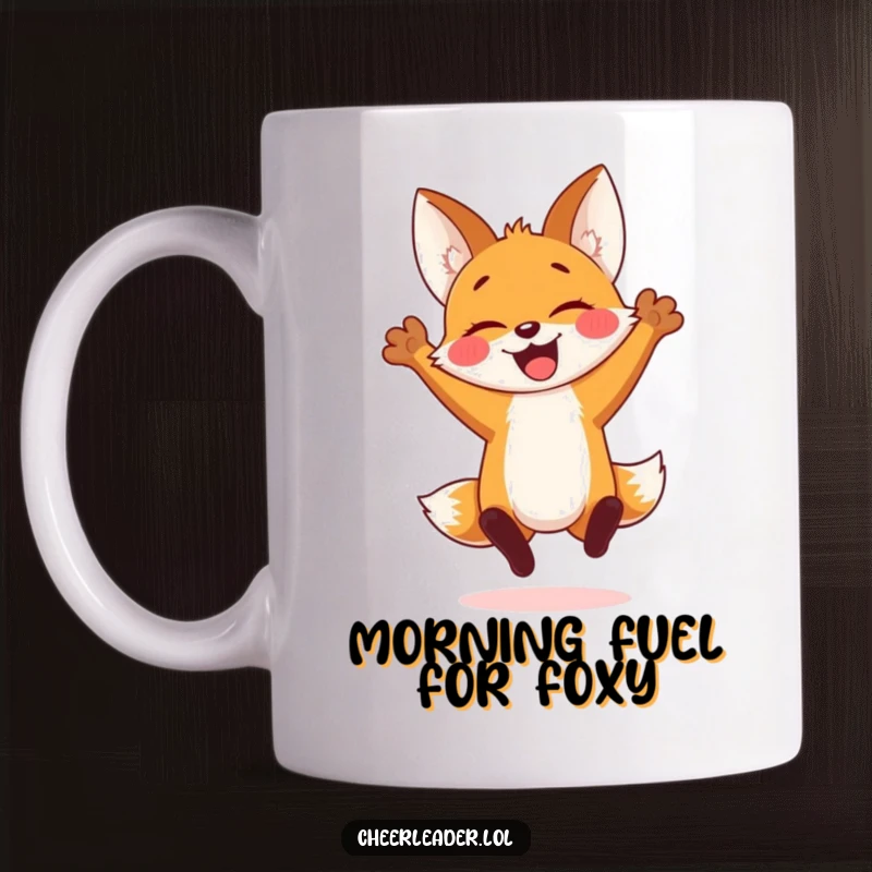 Funny mug featuring a cheerful fox cub in a spirited jump with arms raised, radiating pure joy and playful energy, great for gifts.