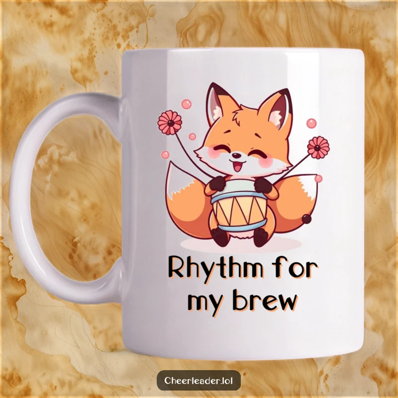 Funny fox enthusiastically playing a tiny drum with pom-poms, creating a rhythmic and humorous mug design.