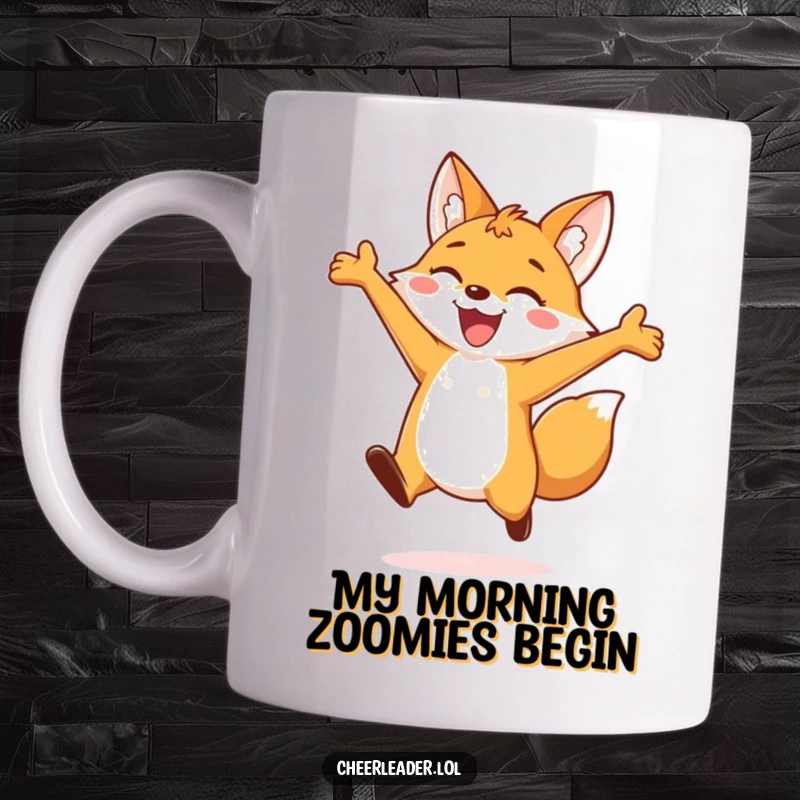 Funny mug featuring a cheerful fox leaping with arms outstretched and a wide, joyful smile, embodying pure excitement and playful energy.