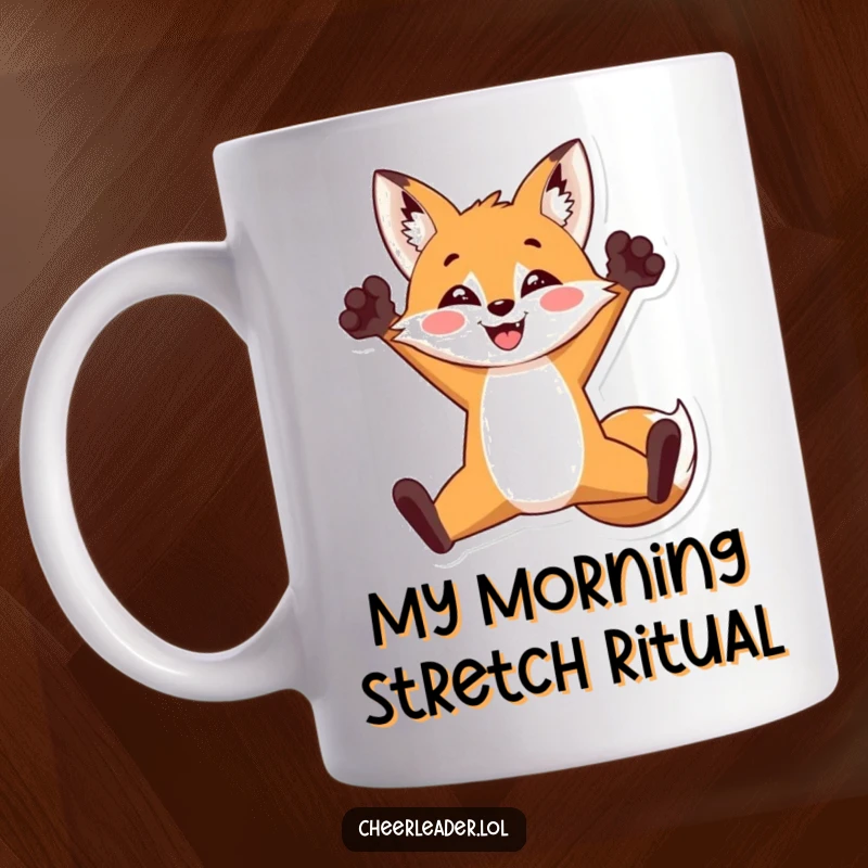 Funny mug featuring a triumphant fox mid-split jump, paws raised high in an energetic celebration, perfect for a funny gift.