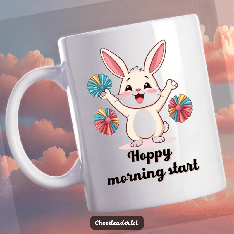 Funny happy rabbit cheering enthusiastically, holding pom-poms up high, smiling joyfully, cute animal mug.