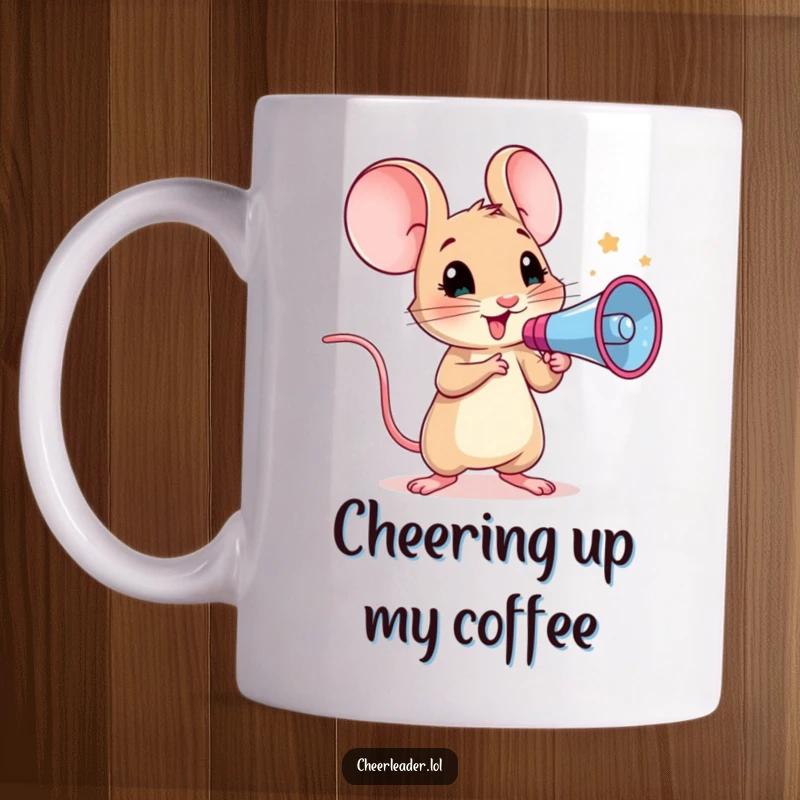 Funny mug featuring a determined mouse holding a megaphone, enthusiastically leading a cheer with a curious expression.