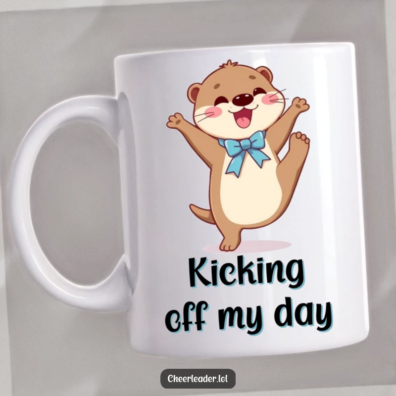 Funny mug showing a joyful otter wearing a shiny ribbon, energetically performing a high kick, embodying aquatic ballet and pure happiness.