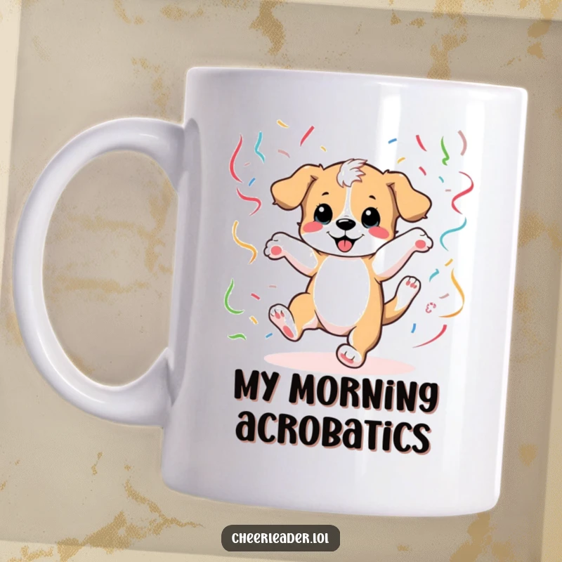 Funny Mug featuring a playful puppy doing a cartwheel amidst vibrant streamers, embodying pure puppy joy and energetic fun.