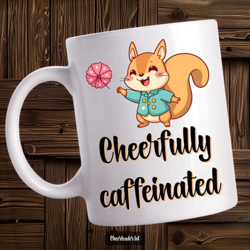 Funny squirrel cheerleader mug, wearing a sparkly uniform and enthusiastically tossing a pom-pom, radiating pure joy and energy.