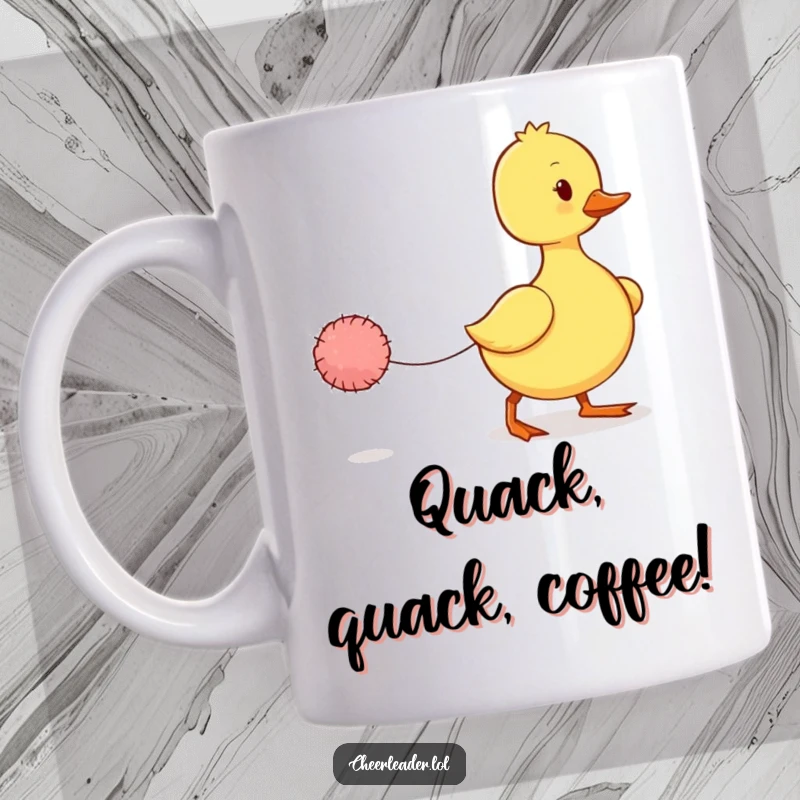 Funny Duckling Mug: A wobbly duckling marches adorably with a tiny pom-pom, showing cute, clumsy determination.