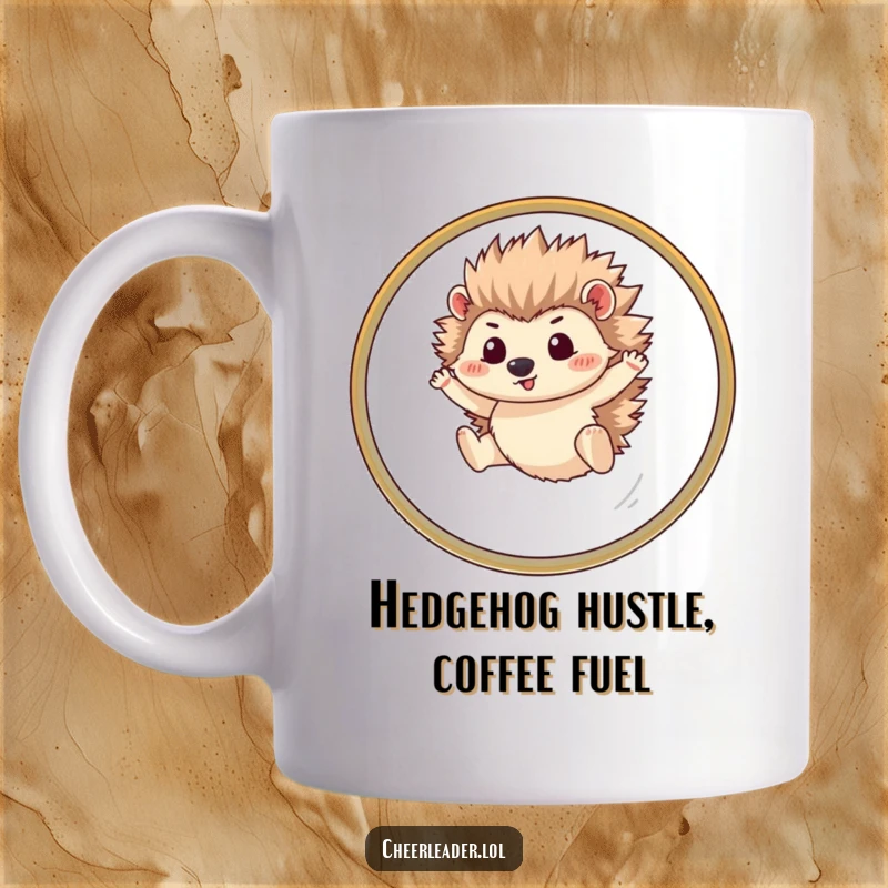 Funny hedgehog mug with a determined expression leaping through a hoop, showcasing athletic prowess and a quirky sense of humor.