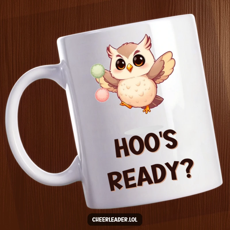Funny mug showing a giggling owl mid-jump, enthusiastically shaking fluffy pom-poms, radiating pure joy and silliness.