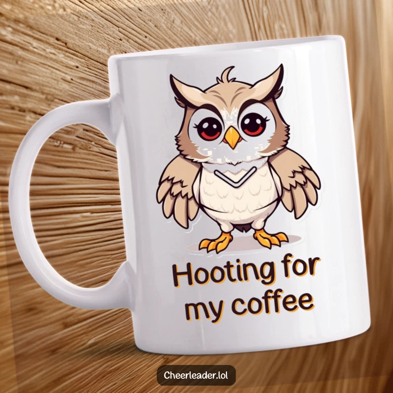 Funny mug featuring an owl in a proud, energetic cheerleader pose, ready to support and inspire, ideal funny gift.