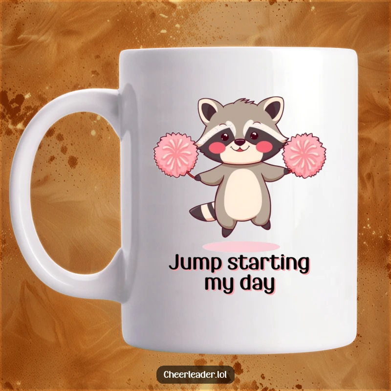 Funny mug illustration of a blushing raccoon enthusiastically jumping rope with two oversized pom-poms.