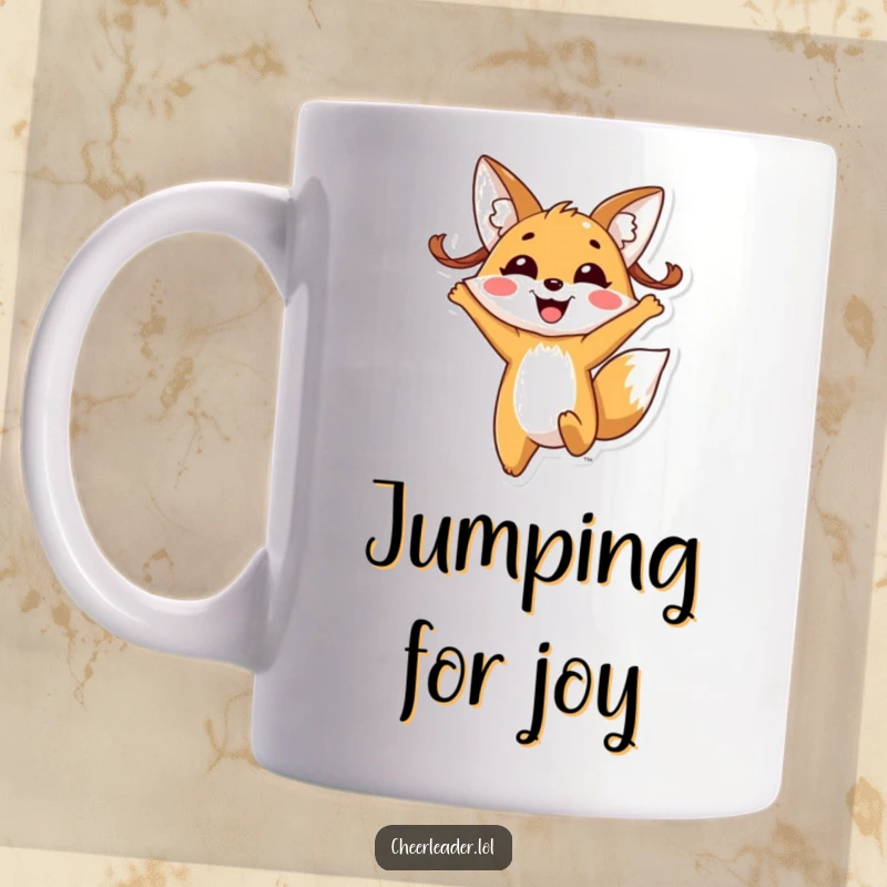 Funny fox pigtails mug, showing a cheerful fox with pigtails enthusiastically jumping high with a wide, infectious smile.
