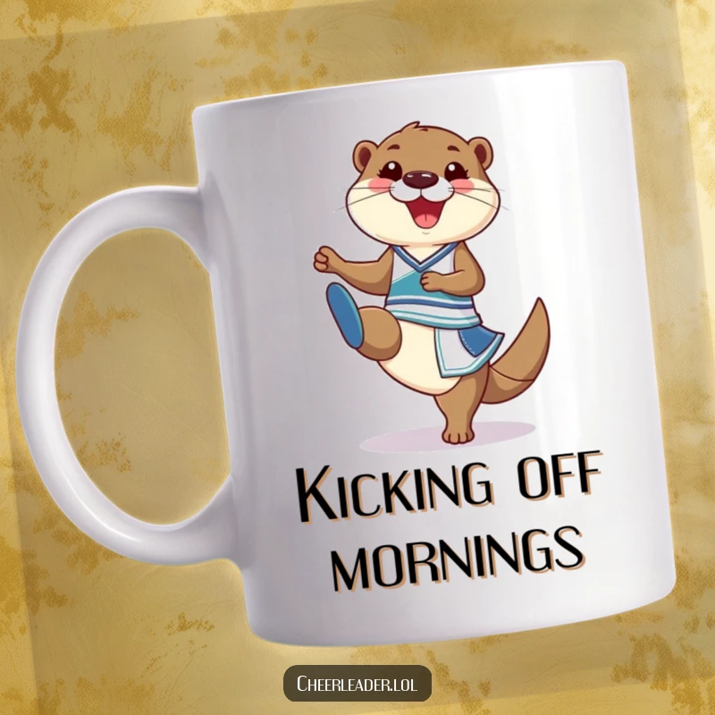 Funny Mug featuring a curious otter in a cheerleader outfit performing a high kick with a wide, happy grin.