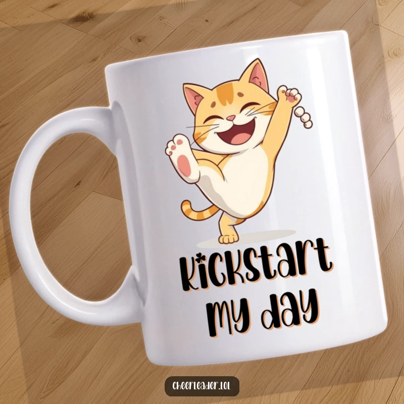 Funny determined cat performing a high kick with a wide grin, showing agility and humor. A great gift.