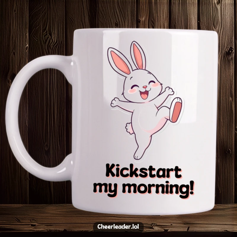 Funny cheerful rabbit with a big smile performing a dynamic high kick, printed on a mug. Energetic and happy.