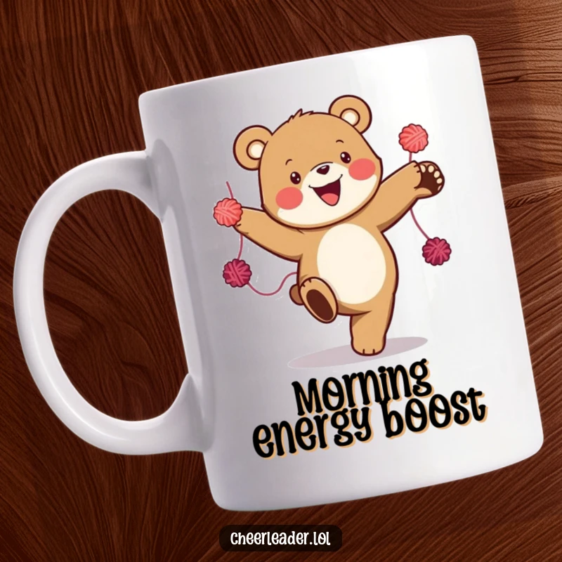 Funny mug featuring a joyful bear performing a dynamic high kick, holding colorful yarn pom-poms with an ecstatic expression.
