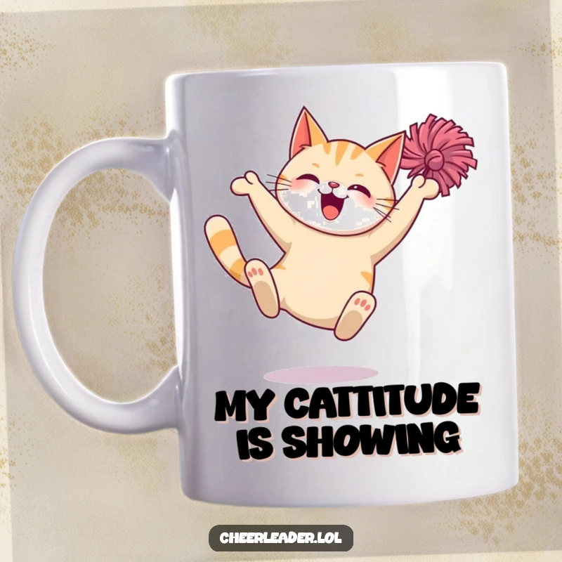 Funny Cat Mug: A giggling kitty leaps dramatically, pom-pom in paw, radiating pure joy and playful energy.