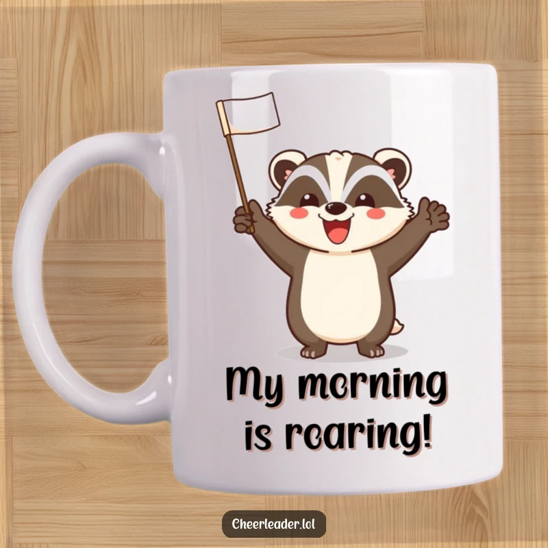 Funny Badger Mug: A cheerful badger with a huge smile leads a loud, energetic cheer, radiating pure happiness.