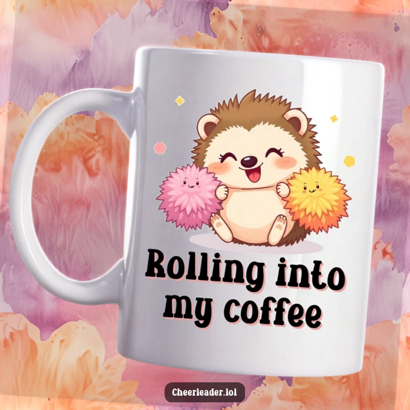 Funny Hedgehog Mug featuring a happy hedgehog tumbling joyfully while holding fluffy pom-poms, conveying cute and playful happiness.