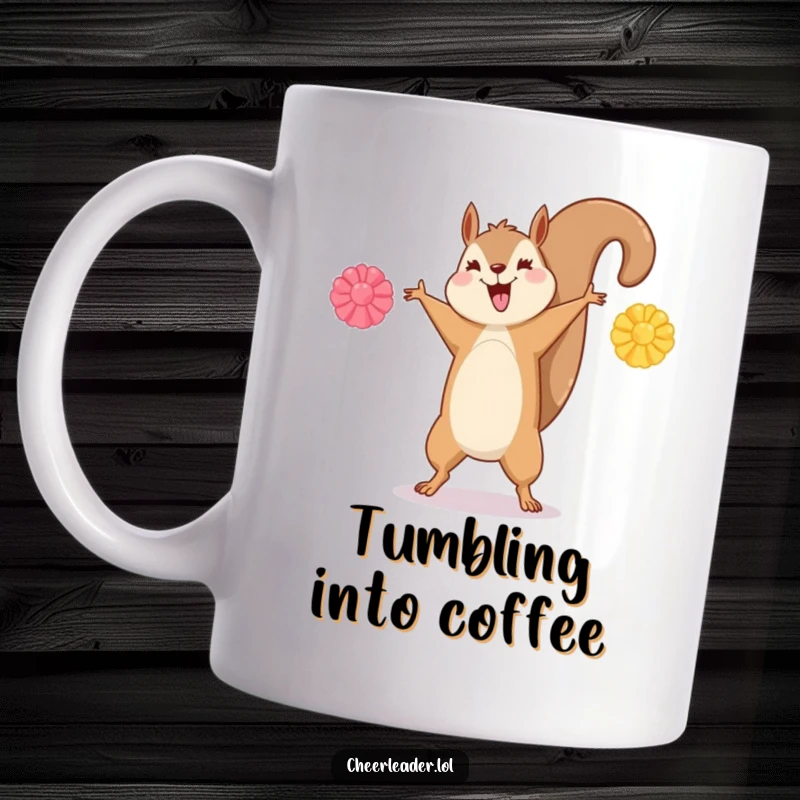 Funny mug showing a happy squirrel performing a cartwheel with pom-poms held out in a dynamic pose.