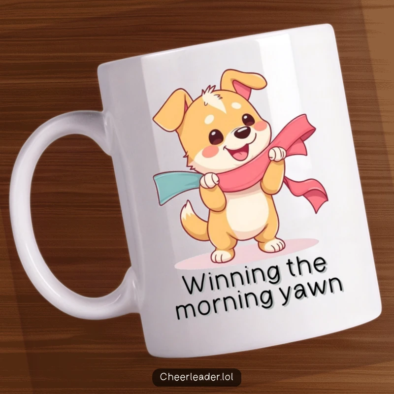 Funny mug featuring a dog character ecstatically shaking a giant ribbon with pure glee, embodying canine happiness, perfect funny gift.