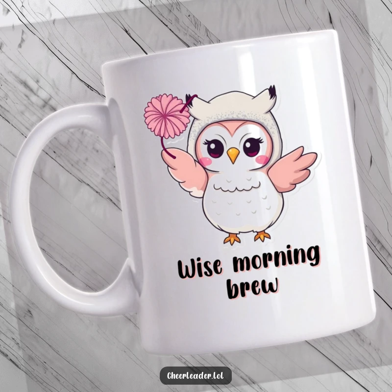 Funny smiling owl in a glittery costume, joyfully throwing a colorful pom-pom. A dazzling performer.