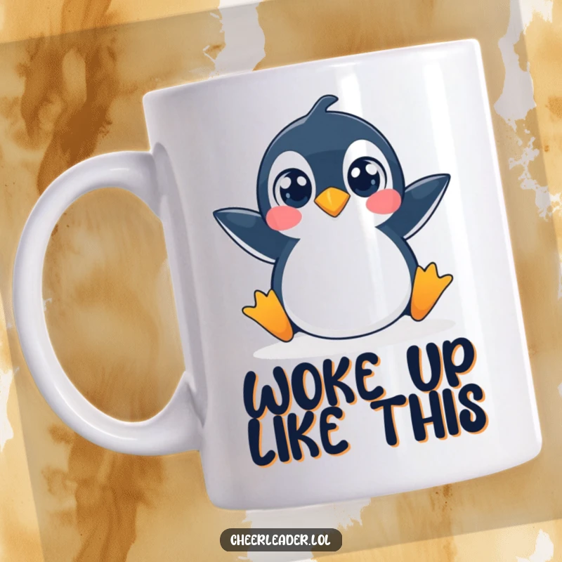 Funny mug depicting a surprised penguin mid-split, eyes wide with playful exertion and a hint of shock.